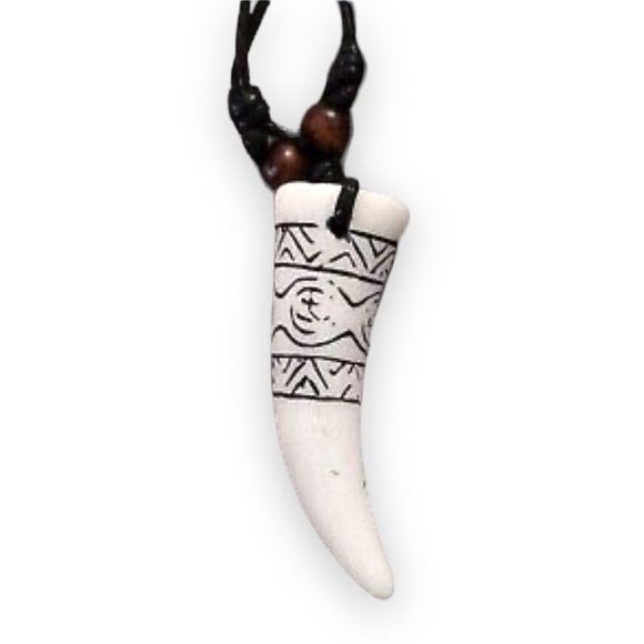 Native Other - New Unisex White Carved Handmade Horn Wolf Fang Wood Beaded Leather Necklace